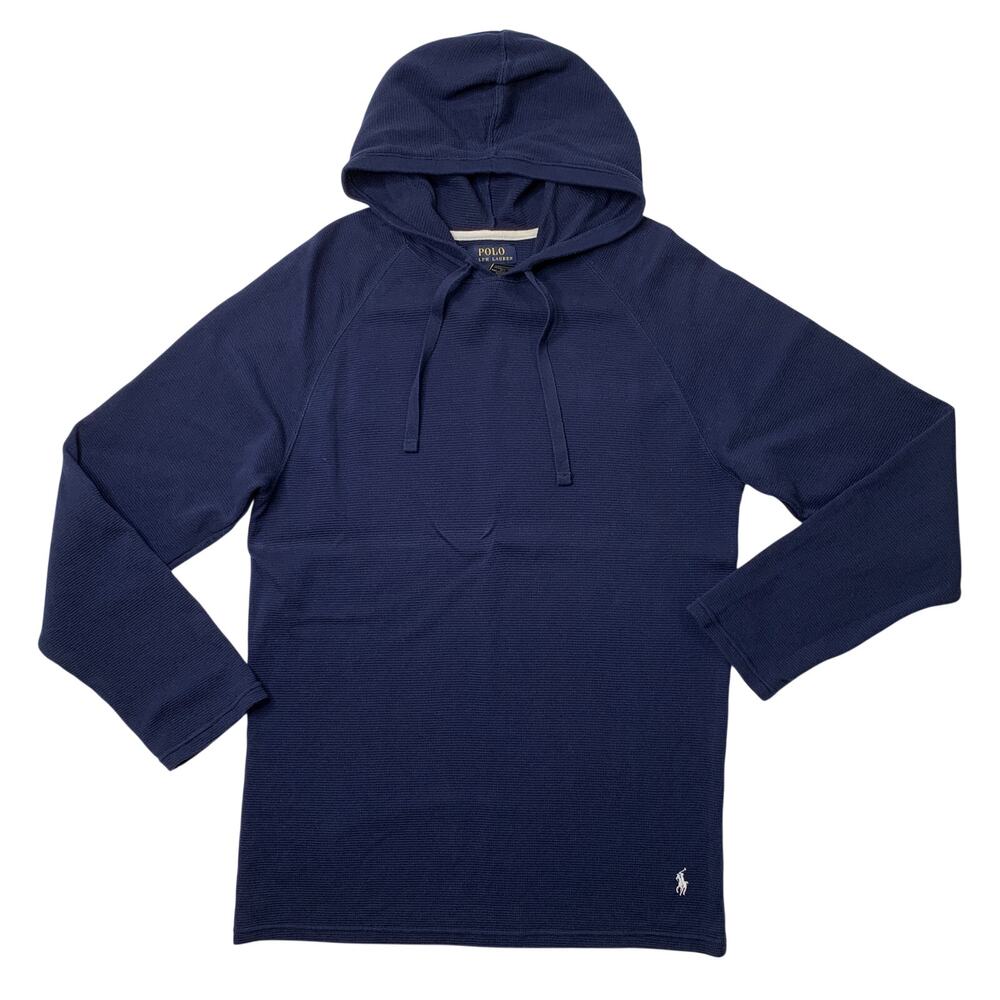Polo Ralph Lauren Hoodie Youth Large Navy Waffle Knit Cotton Pullover Thermal